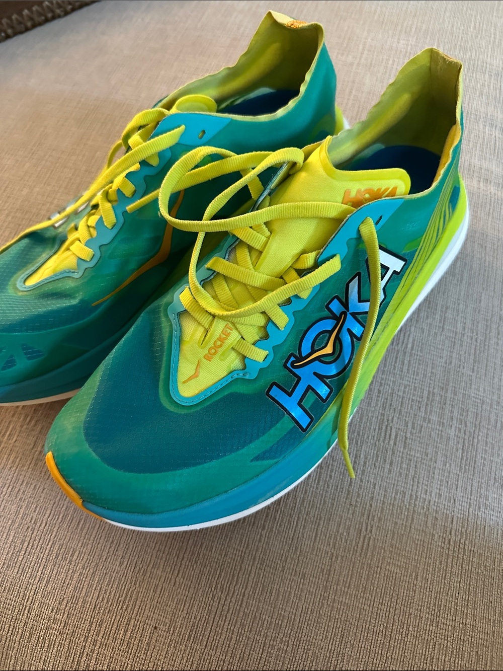 Hoka Rocketx 2 Teal and Neon Yellow Performance Running Shoes